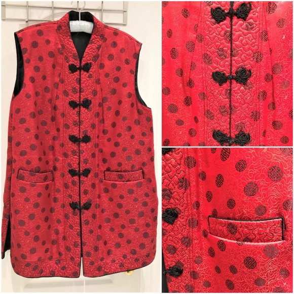 Chinese Long Brocade Vest Handmade Knot Buttons Luxurious Fabric Size XL - Picture 1 of 5